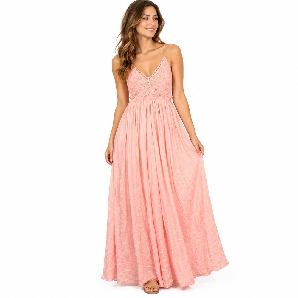 Babydoll Maxi Dress M Peach Y2K Lace Tiered Boho Romantic Cottagecore Resortwear